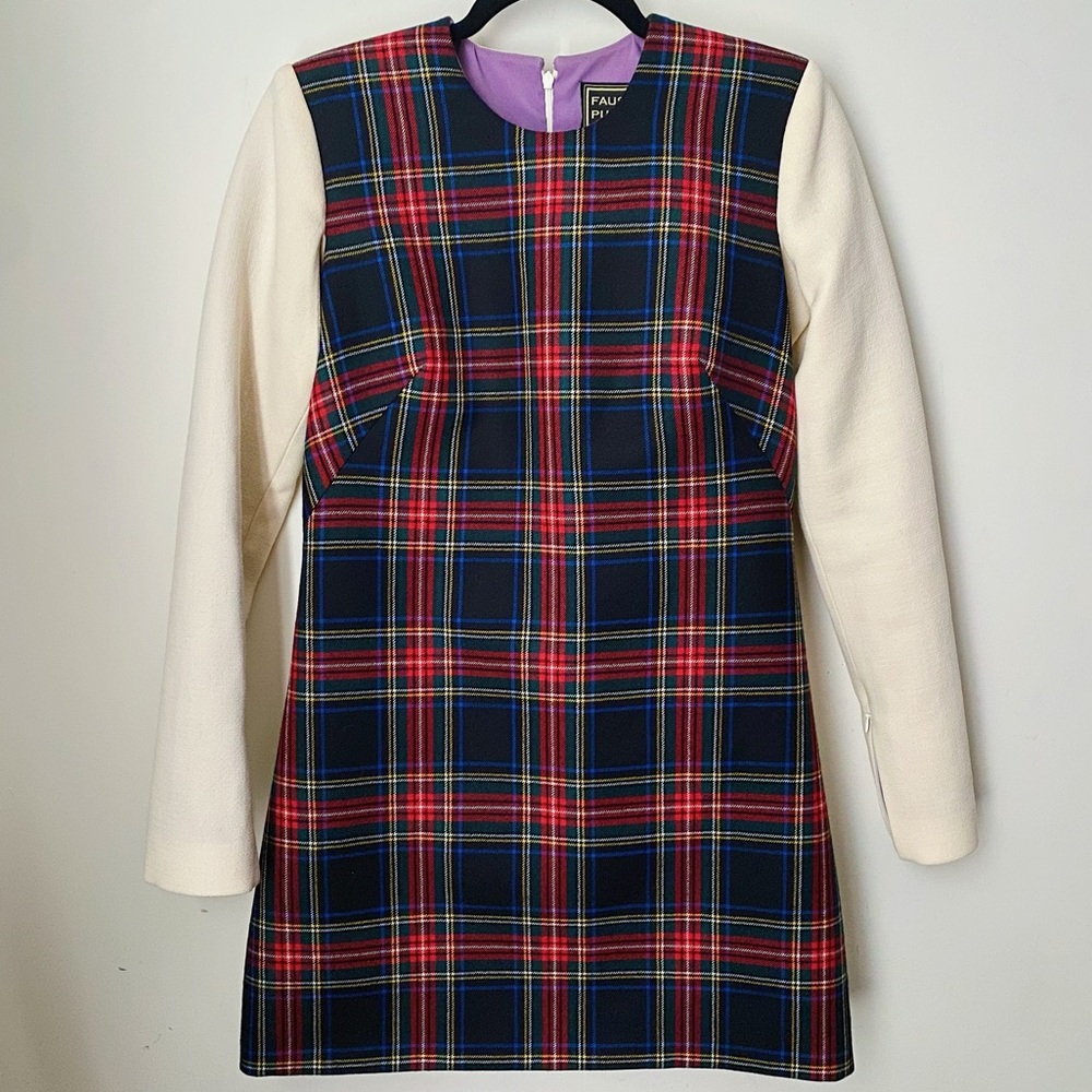 Fausto Puglisi RTW Navy Red Cream Wool Tartan Plaid Long Sleeve Dress Italy 6 S